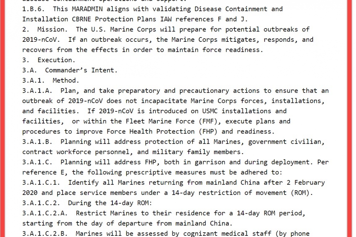 CHINA CITIES DECLARE MARTIAL LAW OVER VIRUS OUTBREAK;   U.S. MILITARY ORDERED TO PREPARE FOR PANDEMIC DUTY - "CONTAINMENT"  - CHINA FACTORIES TO REMAIN CLOSED TO MAY 1 - STOCK AND CORPORATE DOOM