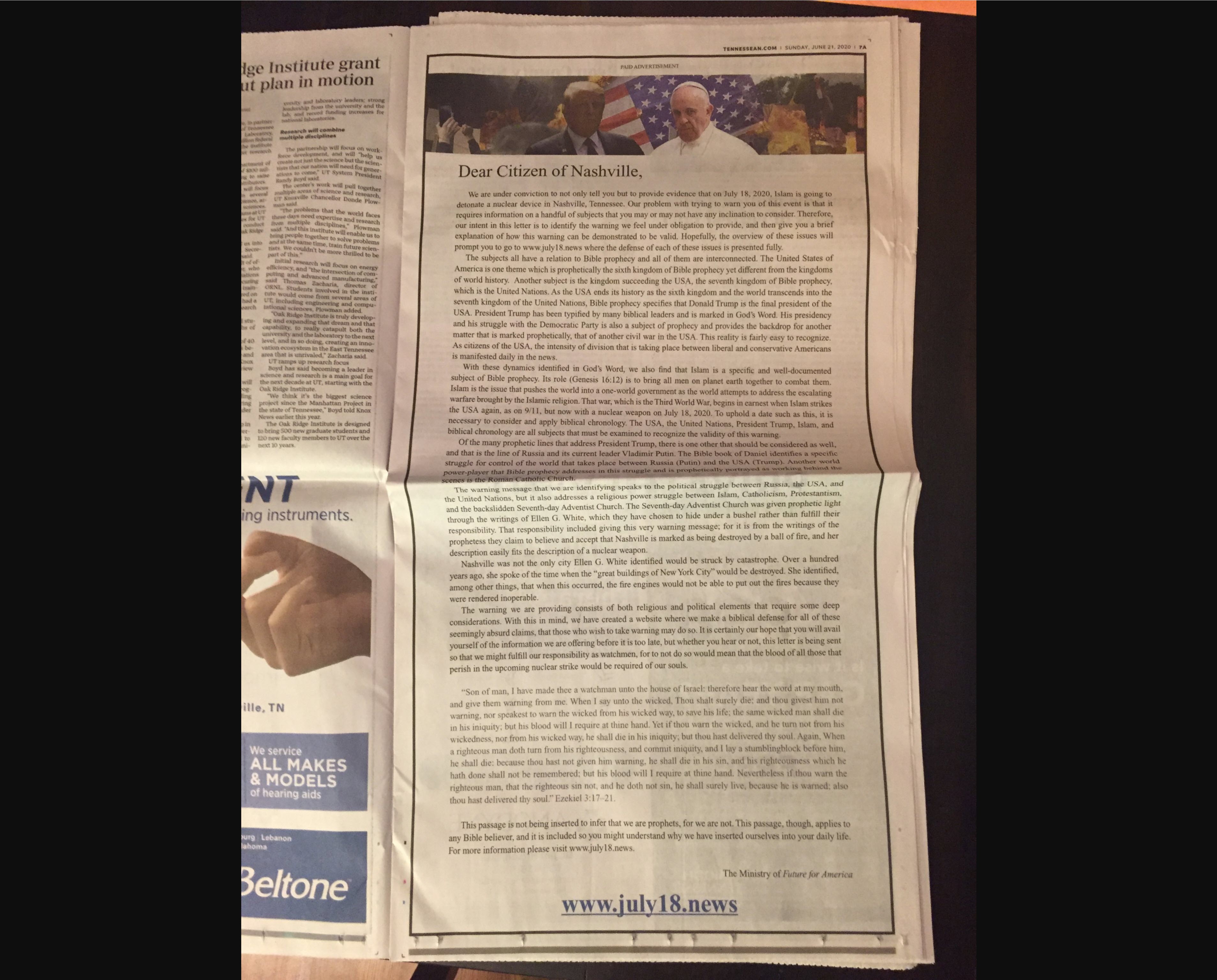 LARGEST NEWSPAPER IN TENNESSEE PRINTS NUCLEAR DETONATION WARNING FOR NASHVILLE ON JULY 18, 2020 Full-Page-Nuclear-Attack-Ad-Nashville