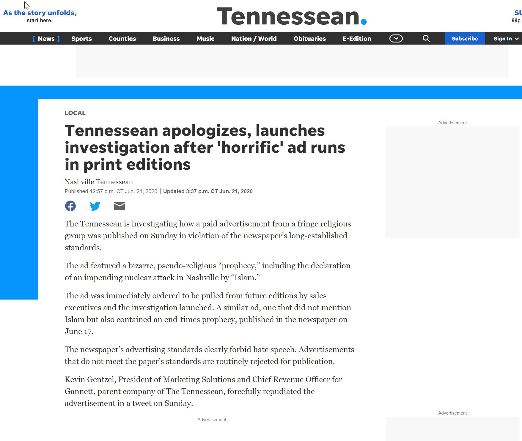 LARGEST NEWSPAPER IN TENNESSEE PRINTS NUCLEAR DETONATION WARNING FOR NASHVILLE ON JULY 18, 2020 NewspaperApology