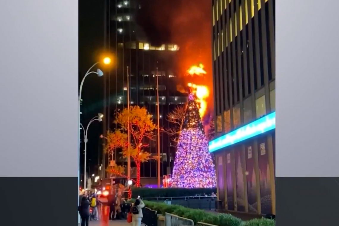 Christmas Tree Set Ablaze in front of FOX NEWS