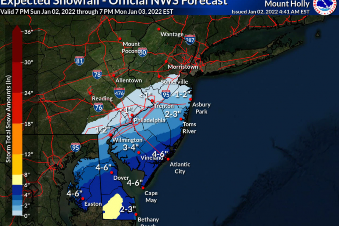 Surprise Winter Storm Could Dump 4"-6" Snow on New Jersey and Delaware