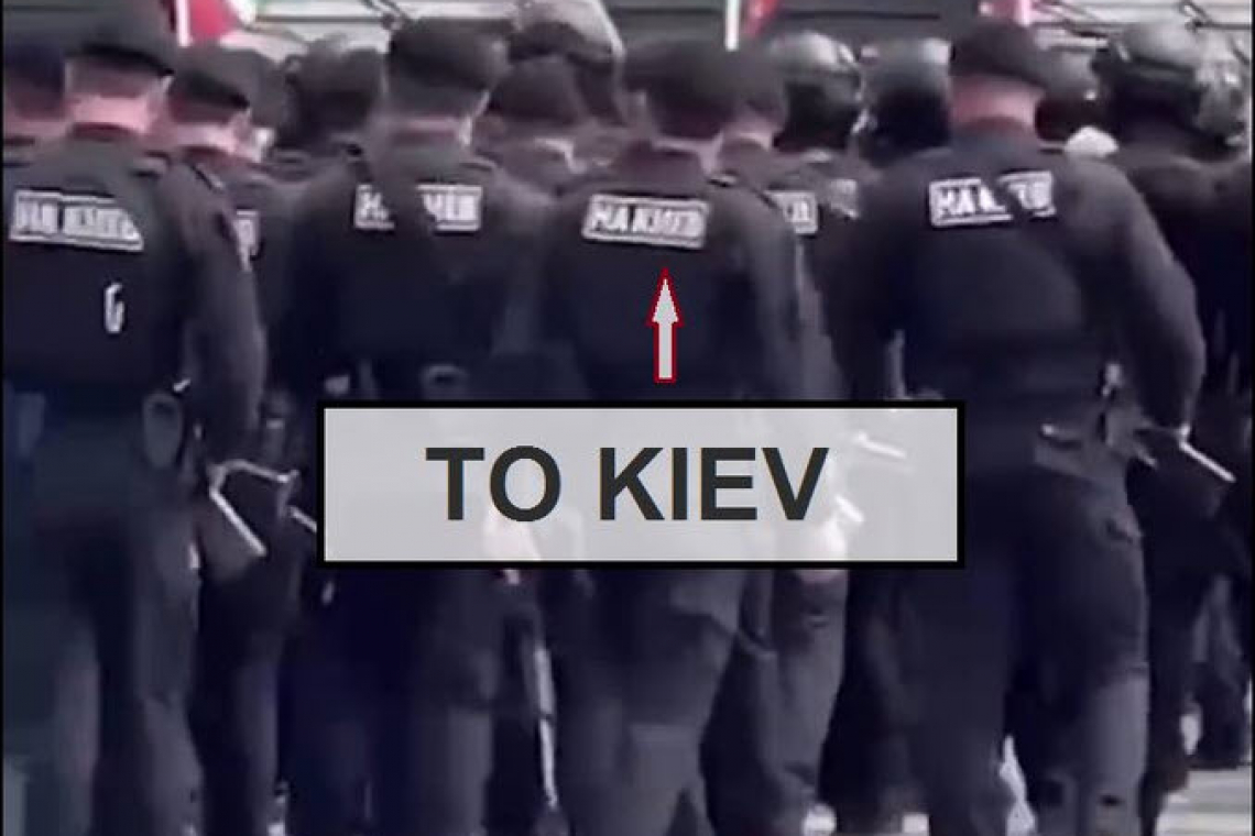 Hundreds of Chechen Soldiers; Uniform Patches say "To Kiev"