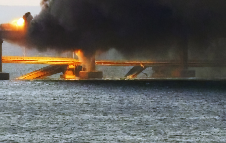 CRIMEA BRIDGE ATTACKED: Road collapse into water, Fuel Train ON FIRE!  CrimeaBridge-3-Sections-Destroyed-2