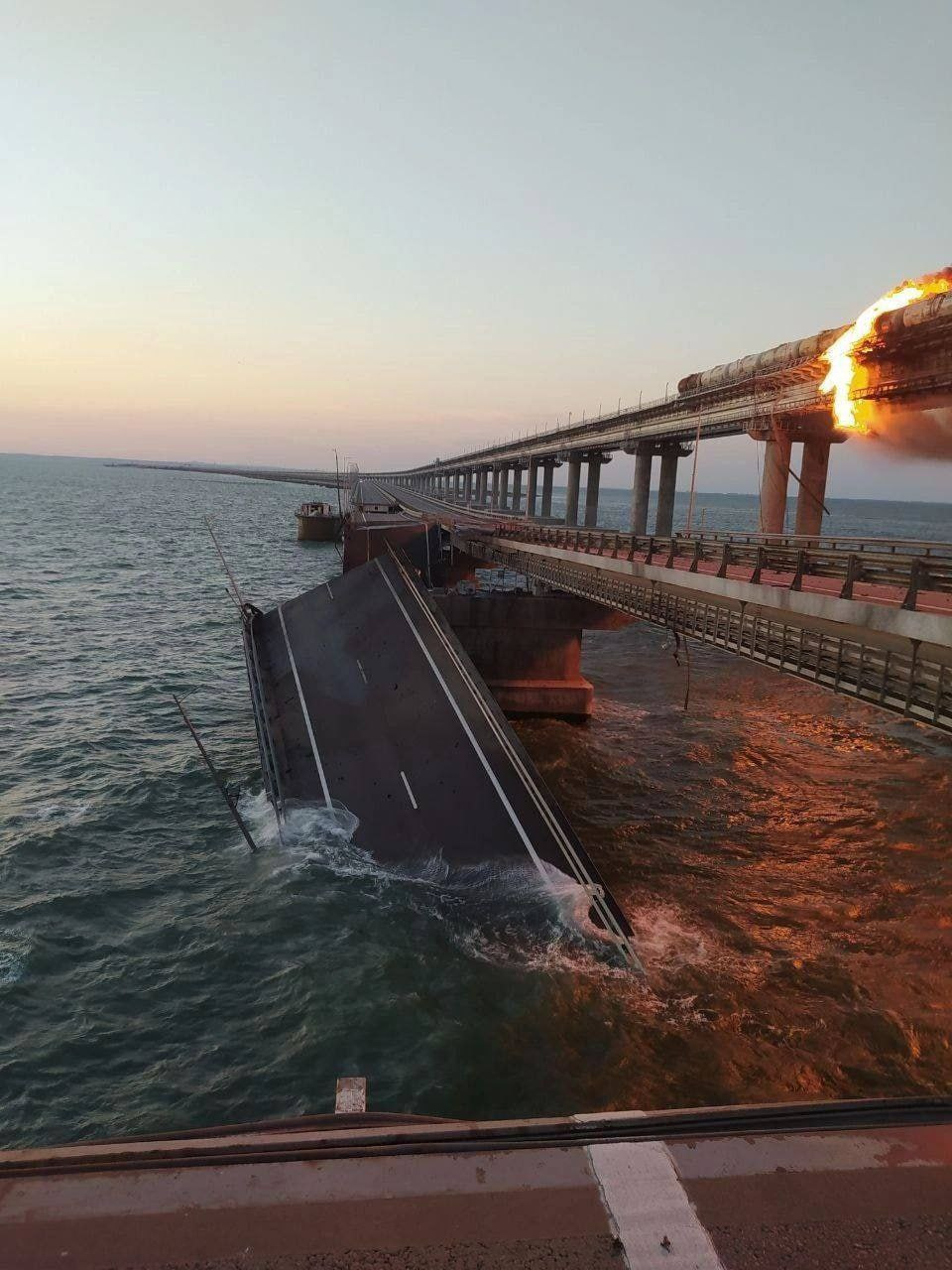 CRIMEA BRIDGE ATTACKED: Road collapse into water, Fuel Train ON FIRE!  CrimeaBridge-3-Sections-Destroyed