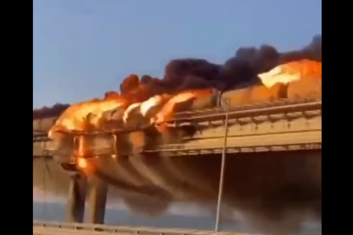 CRIMEA BRIDGE ATTACKED: Road collapse into water, Fuel Train ON FIRE!