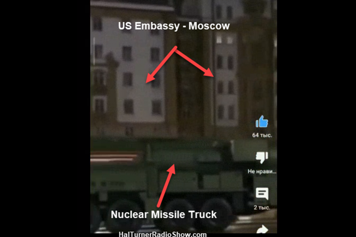 RUSSIA DRIVES TWO NUCLEAR MISSILES AND TANKS IN FRONT OF U.S. EMBASSY IN MOSCOW; Citizens Chant: &quot;NUKE Washington&quot; After Crimea Bridge Attacked