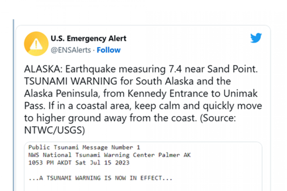 M 7.4 Earthquake Off Alaska Coast - Tsunami Warning Issued
