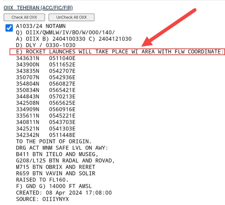 Iran NOTAM - Rocket Launches