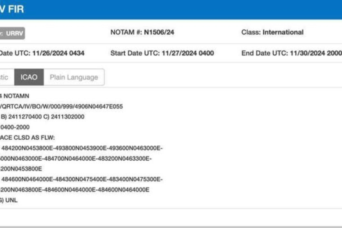 BULLETIN: RUSSIA ISSUES NOTAM - KAPUSTIN YAR - TONIGHT 11:00 PM EST THRU 11-30-2024