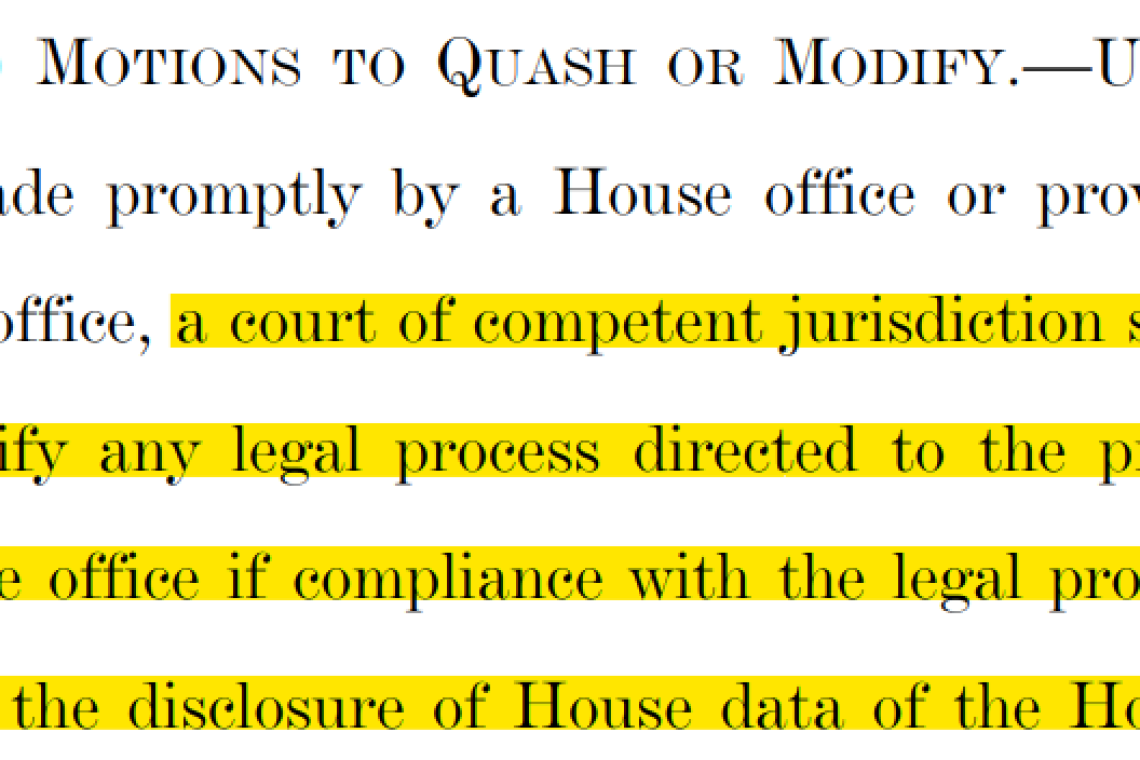 Continuing Resolution for Budget Contains Section to QUASH Subpoenas in ANY Court for House Member e-mails