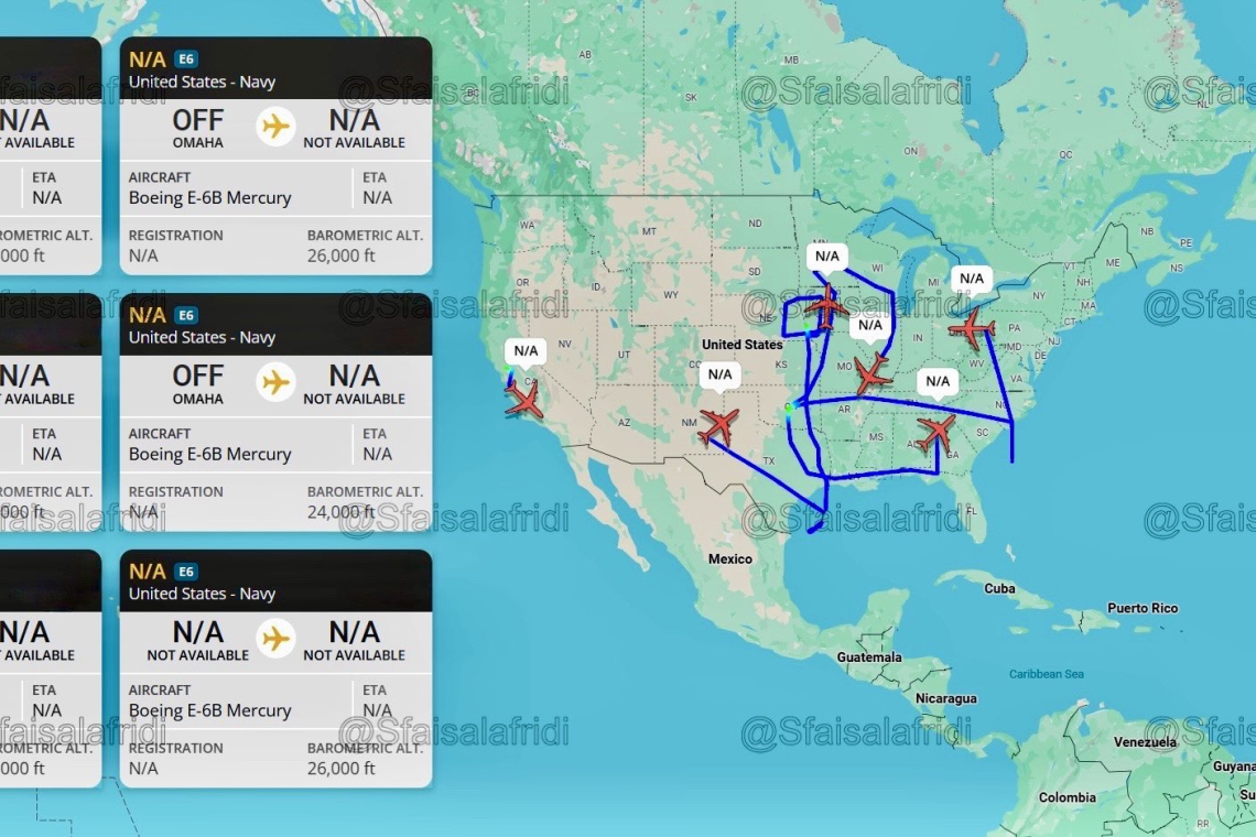 Six (6) E-6B &quot;Mercury&quot; TACAMO Nuclear Command Aircraft Flying over CONUS
